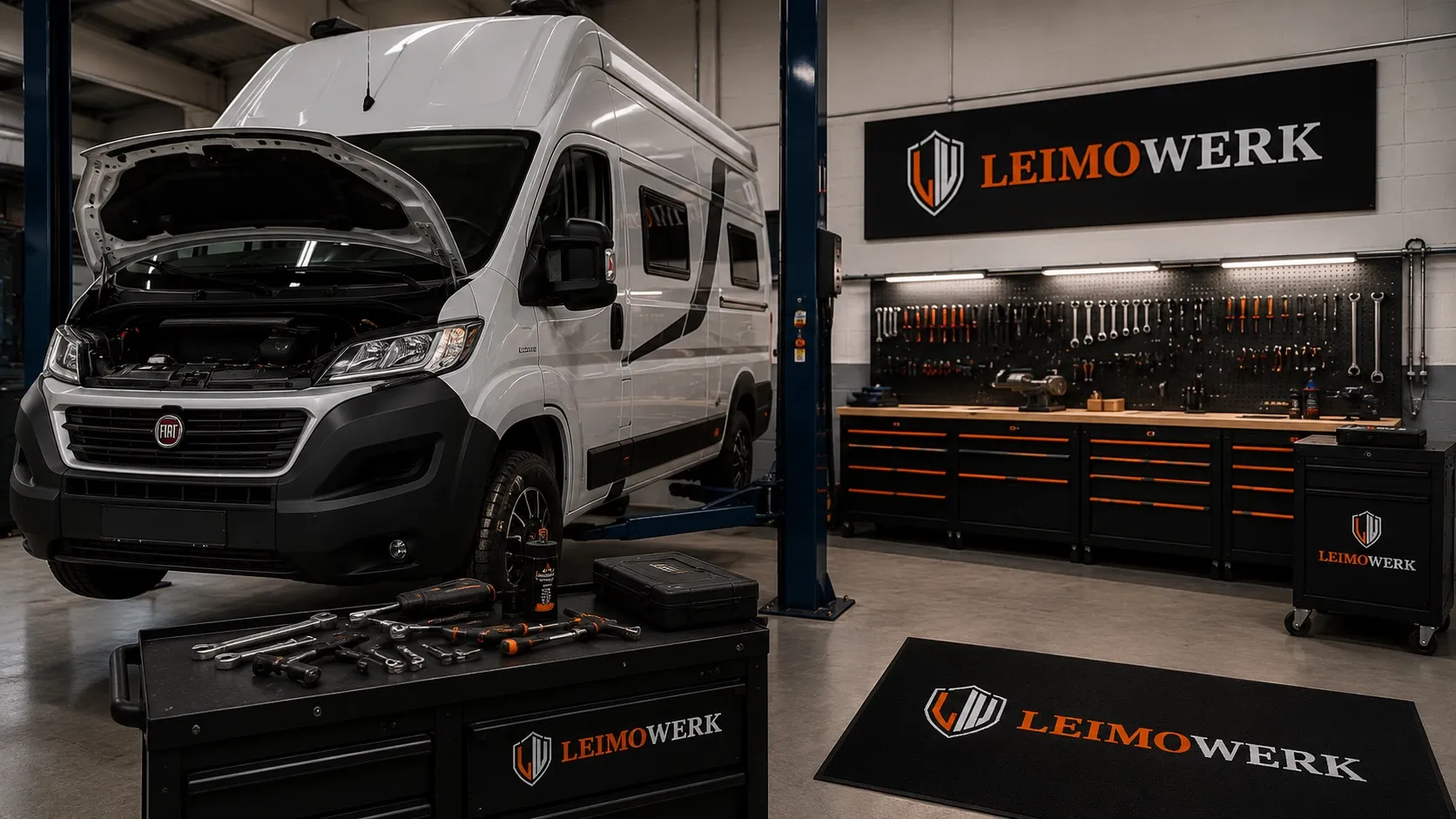 Camper mit offener Motorhaube auf der Hebebühne in der Leimowerk-Werkstatt
