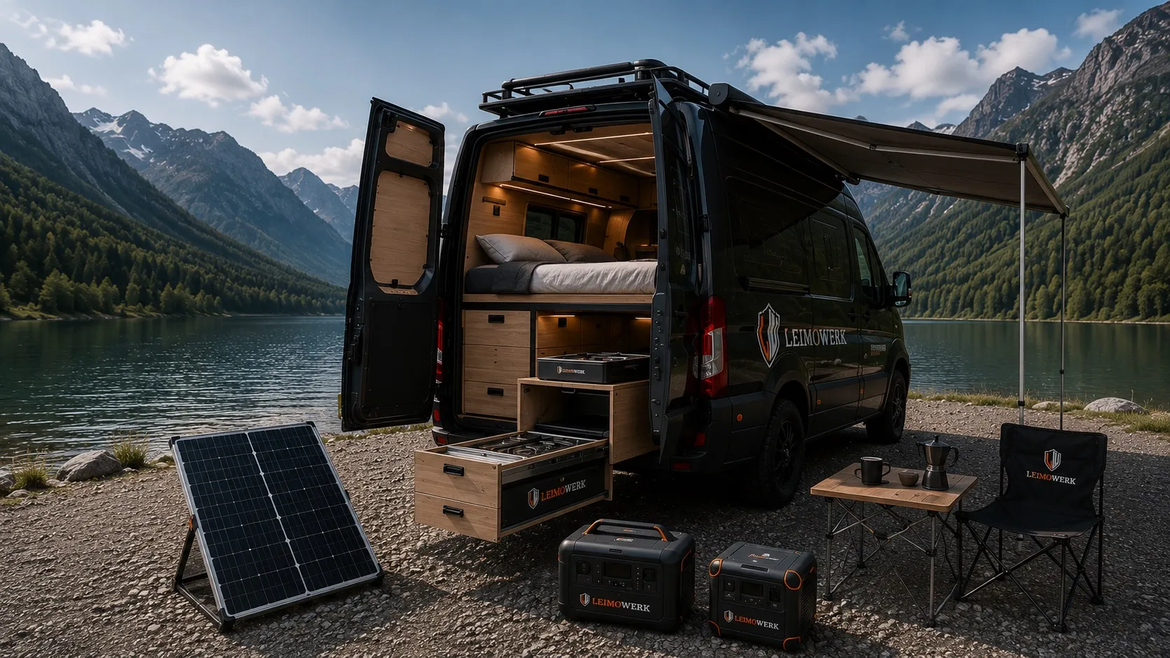 Ausgebauter Camper mit Heckauszug, Solarpanel und Powerstation am Bergsee